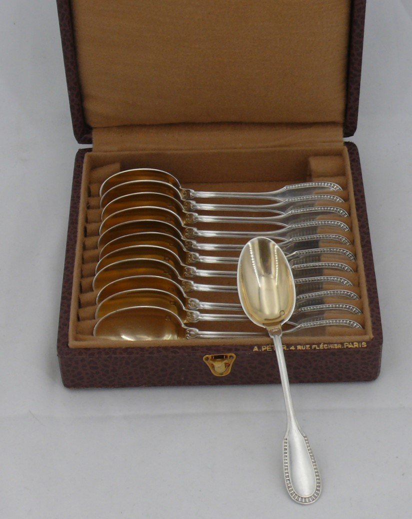 Hénin & Cie, 12 Mocha/coffee Spoons, Solid Silver Minerva And Vermeil, Gadroons.