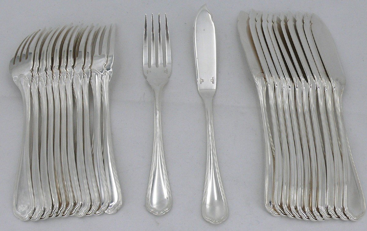 Christofle Spatours Model 12 Fish Cutlery Set, 24 Pieces, Silver Plated Metal, Excellent Condition.-photo-2