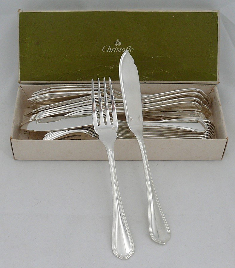 Christofle Spatours Model 12 Fish Cutlery Set, 24 Pieces, Silver Plated Metal, Excellent Condition.