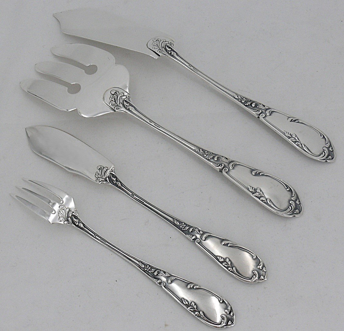 Sfam Chambly Bien Aimée, 12 Fish Cutlery + Serving Cutlery, 26 Pieces, Silver Metal.-photo-5