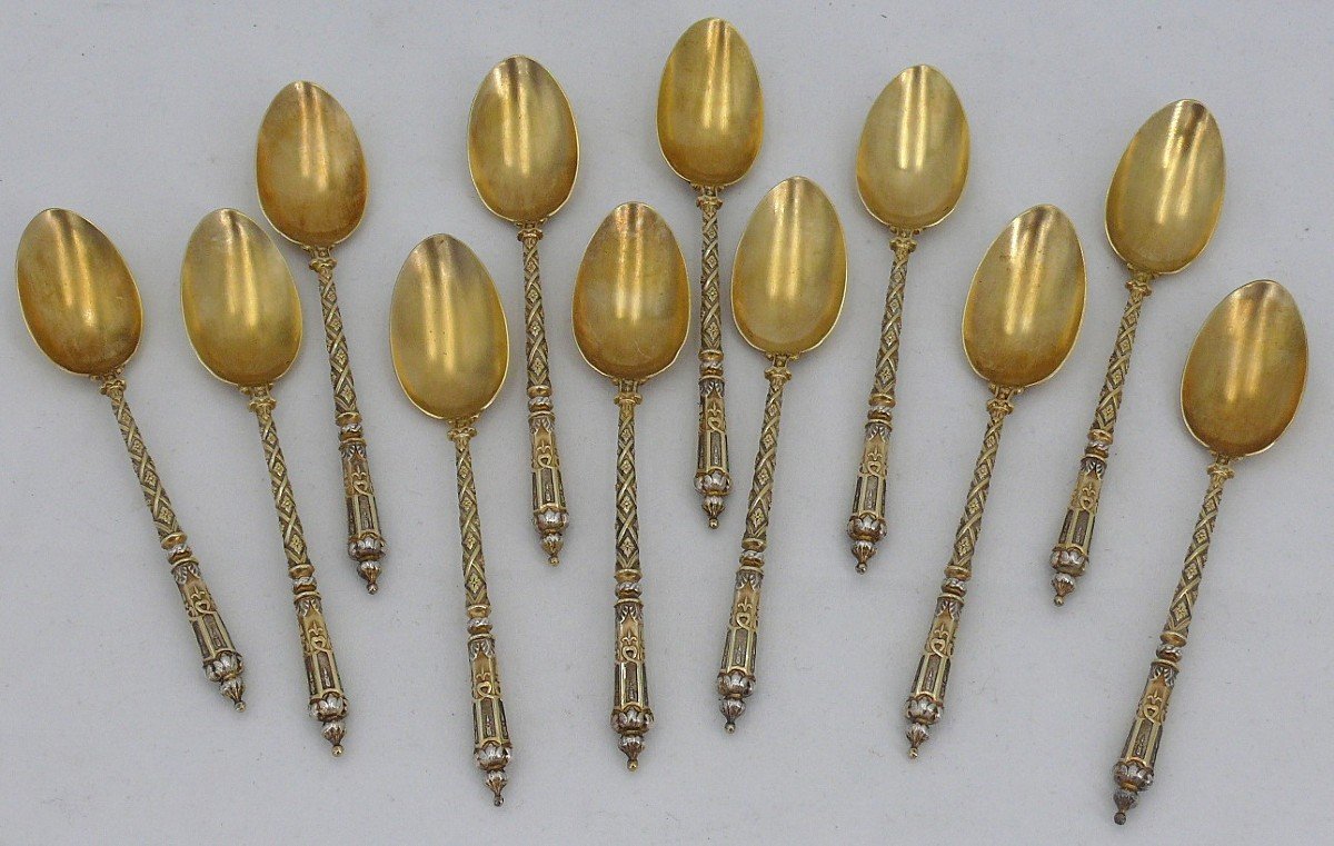 12 Tea Spoons, Coffee, Solid Silver Vermeil, Russian Handles, Henri Gabert.-photo-2