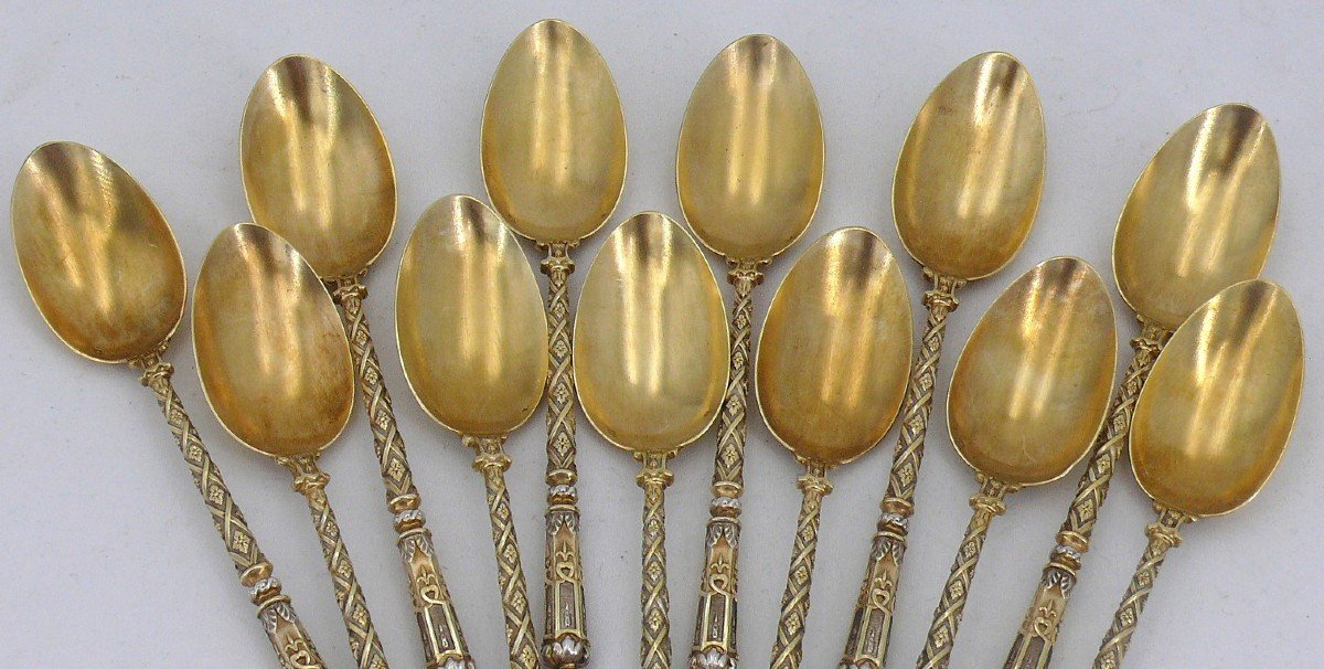 12 Tea Spoons, Coffee, Solid Silver Vermeil, Russian Handles, Henri Gabert.-photo-4