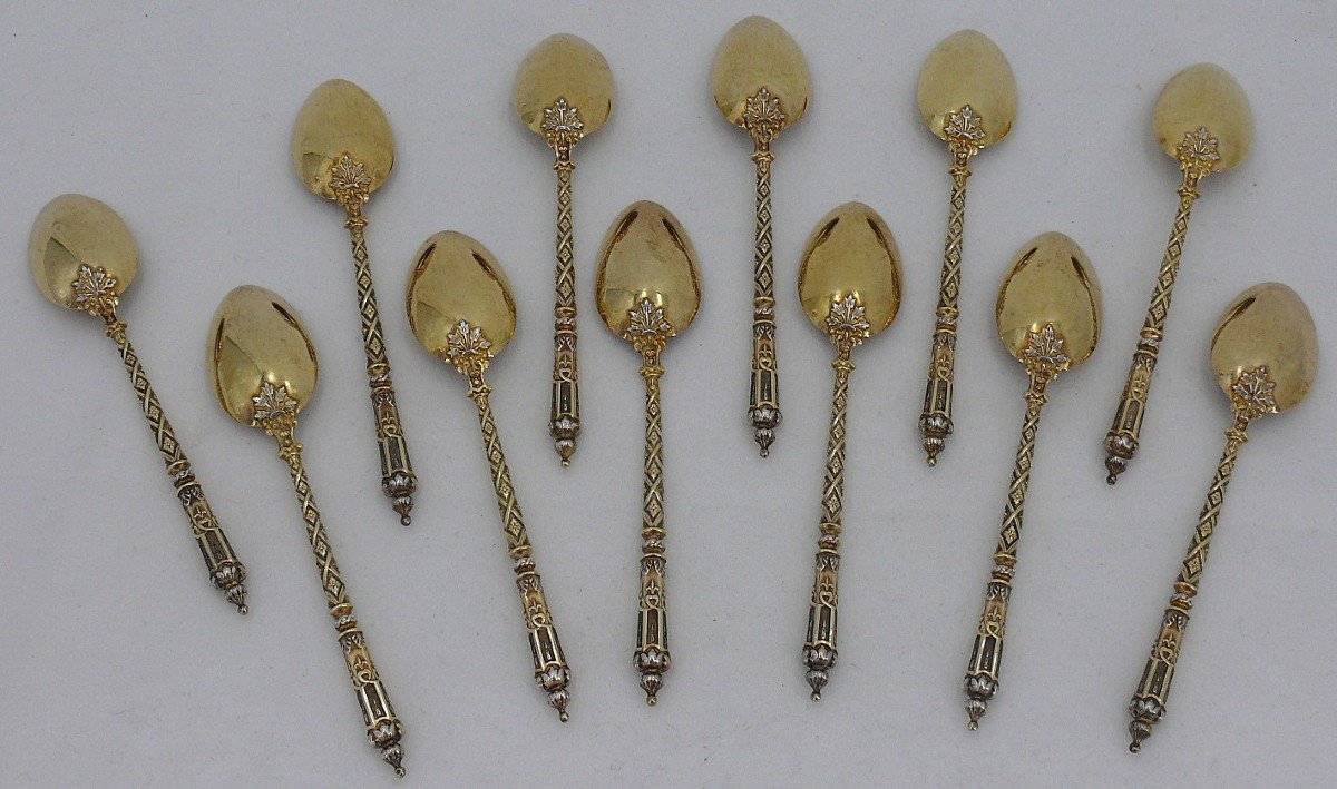 12 Tea Spoons, Coffee, Solid Silver Vermeil, Russian Handles, Henri Gabert.-photo-4