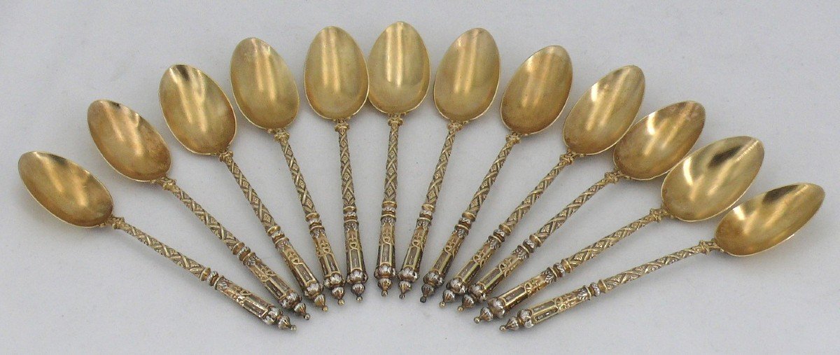 12 Tea Spoons, Coffee, Solid Silver Vermeil, Russian Handles, Henri Gabert.