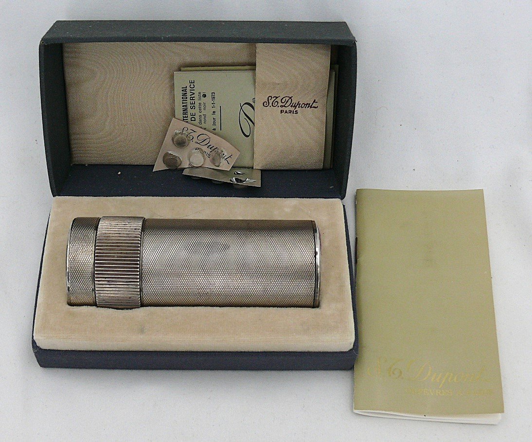 Beau Et Rare Briquet Dupond De Salon Cylindrique, Boite Et Certificat d'Origine.