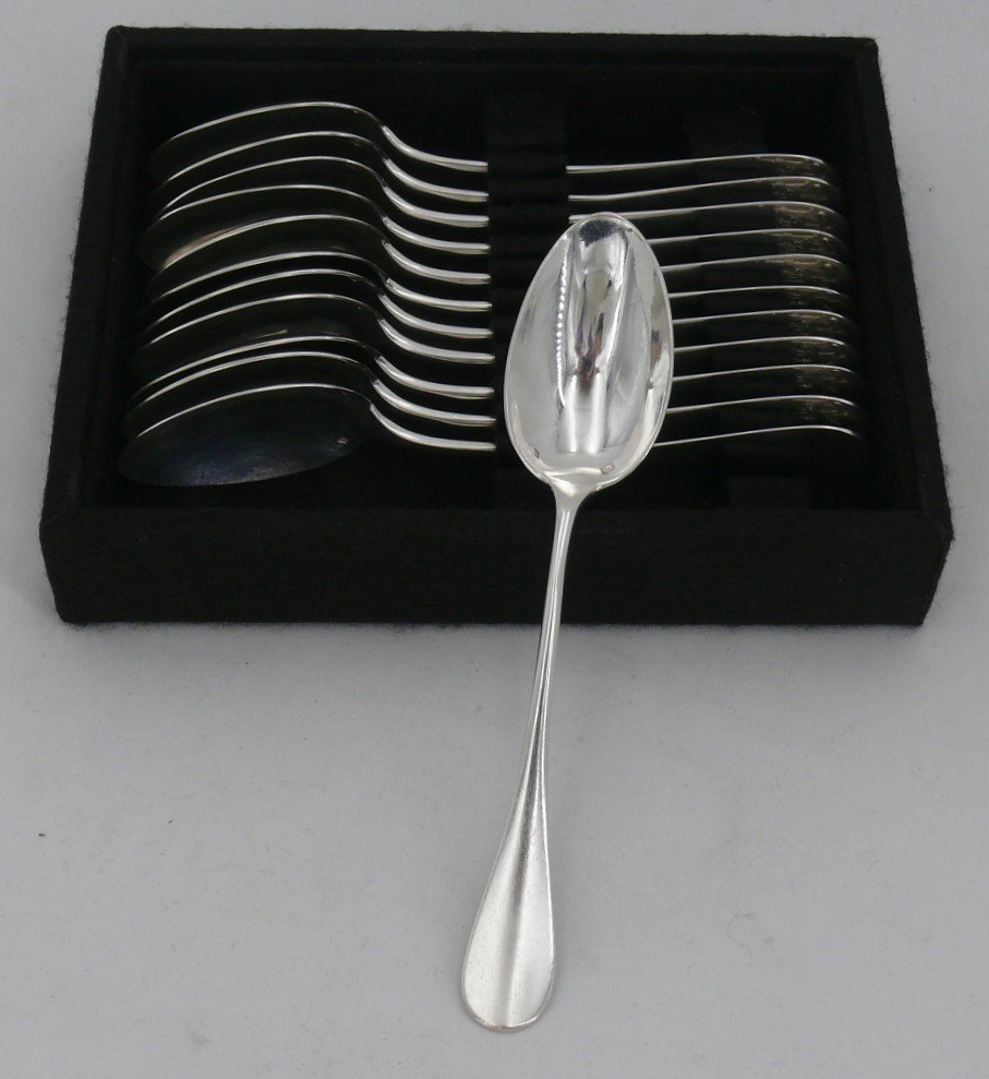 12 Dessert, Tea, Coffee Spoons, Solid Silver Minerve, Hénin, Relief Monogram.-photo-1