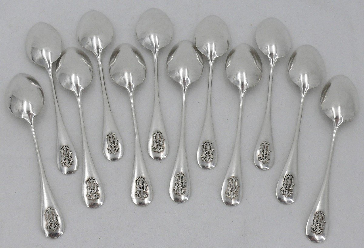 12 Dessert, Tea, Coffee Spoons, Solid Silver Minerve, Hénin, Relief Monogram.-photo-2