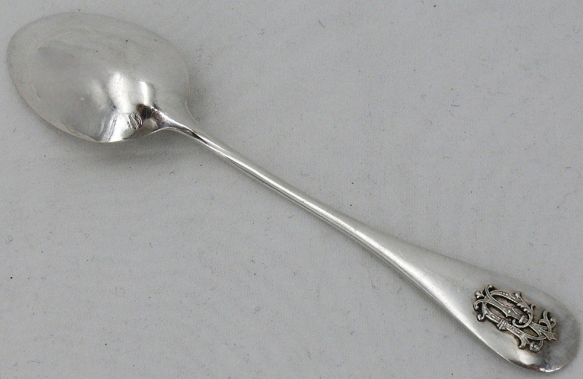 12 Dessert, Tea, Coffee Spoons, Solid Silver Minerve, Hénin, Relief Monogram.-photo-3