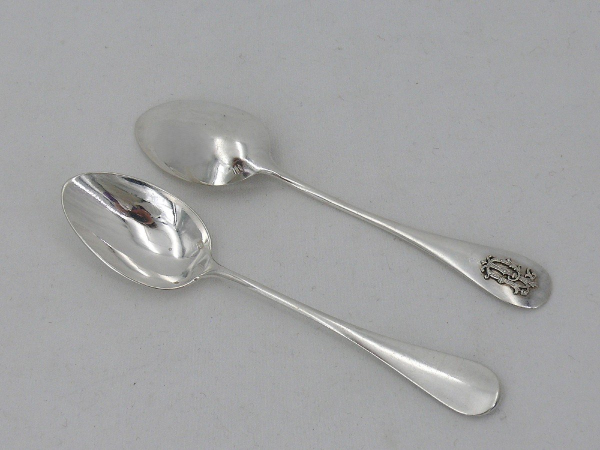 12 Dessert, Tea, Coffee Spoons, Solid Silver Minerve, Hénin, Relief Monogram.-photo-4