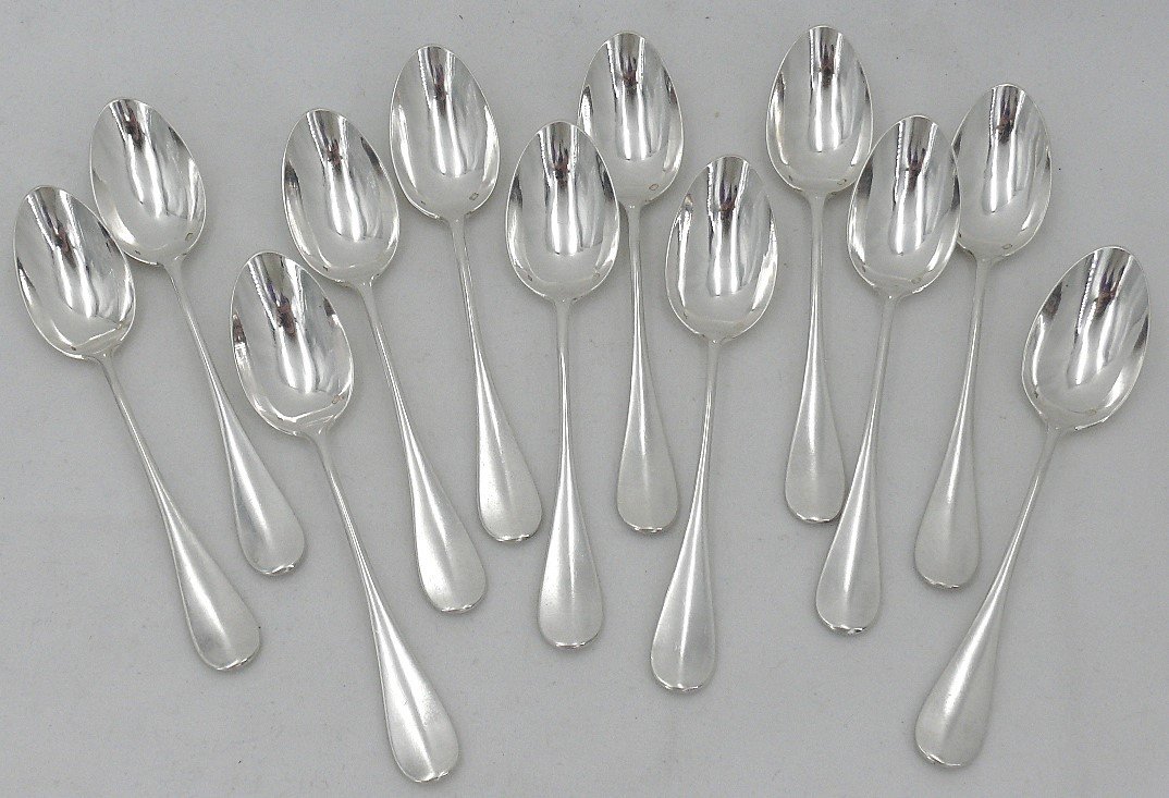 12 Dessert, Tea, Coffee Spoons, Solid Silver Minerve, Hénin, Relief Monogram.-photo-6