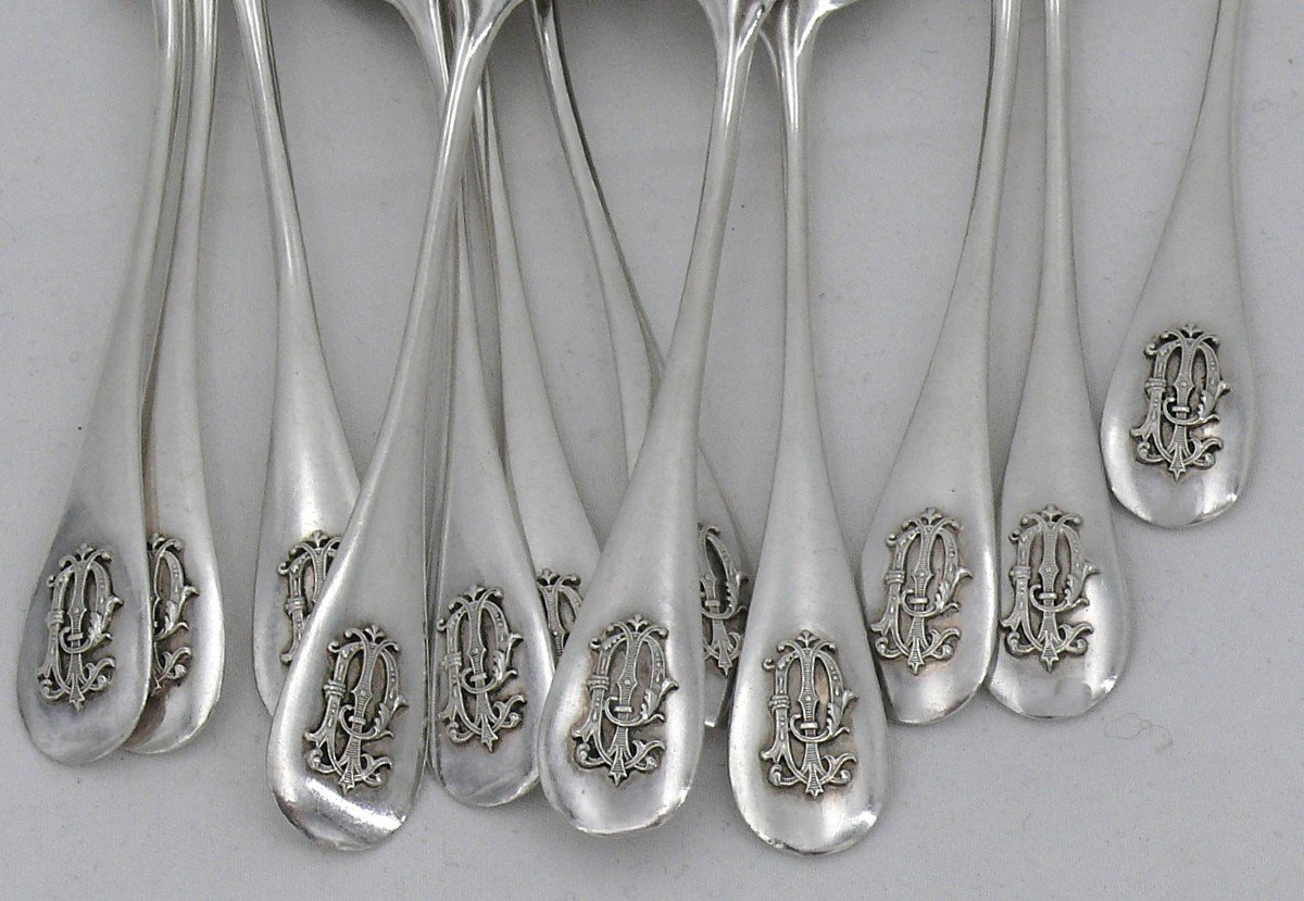 12 Dessert, Tea, Coffee Spoons, Solid Silver Minerve, Hénin, Relief Monogram.