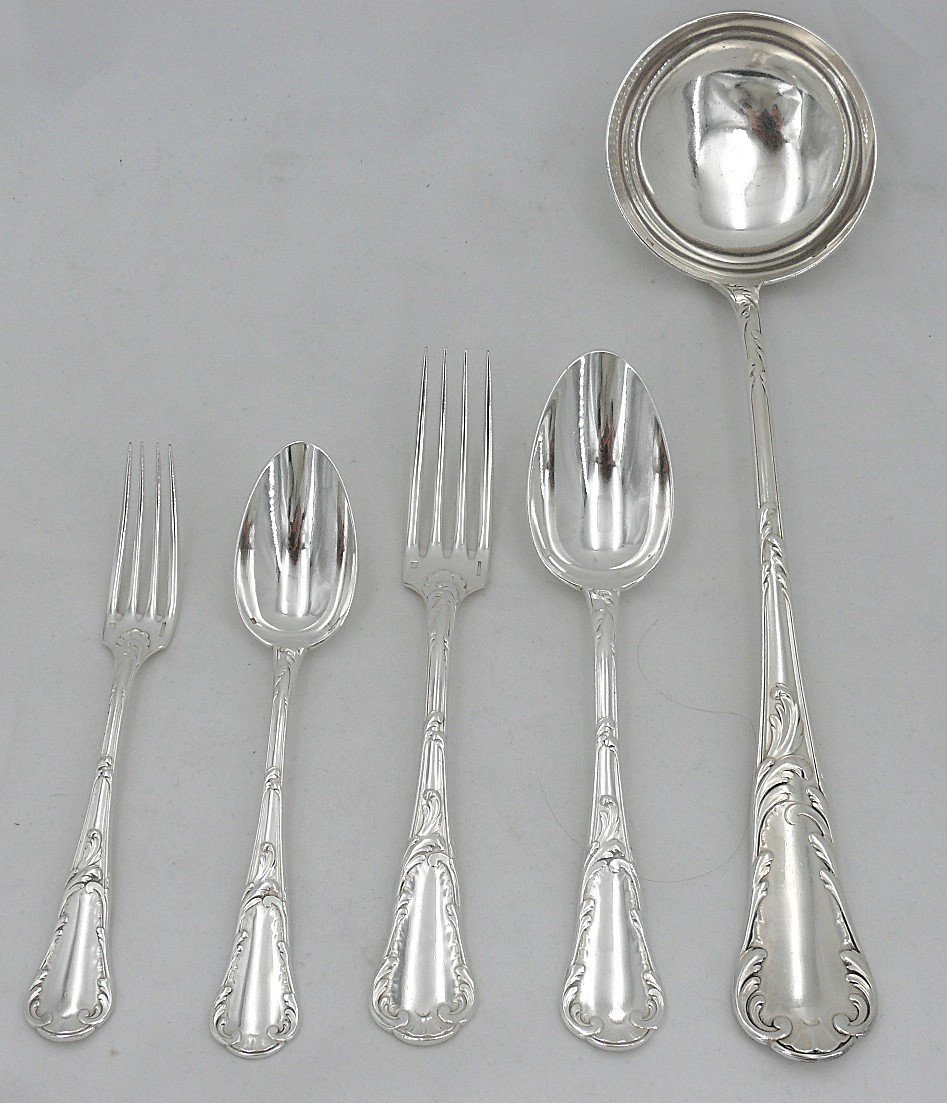 Christofle Chrysanthemum Model, 49-piece Silver-plated Metal Cutlery Set With "lo" Monogram.-photo-2