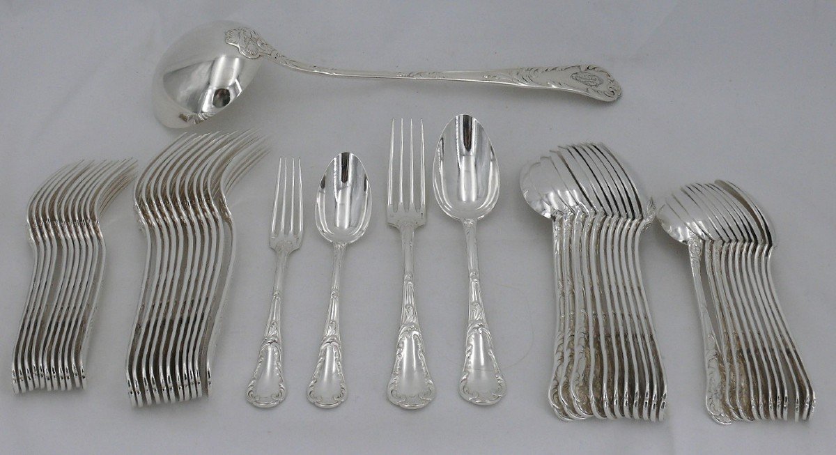 Christofle Chrysanthemum Model, 49-piece Silver-plated Metal Cutlery Set With "lo" Monogram.