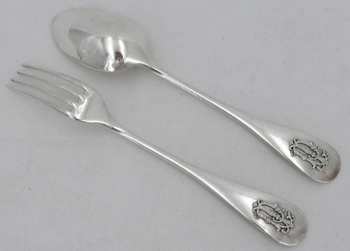 12 Cutlery Sets For Entremets, Dessert, Solid Silver Minerve, Hénin, Monogram In Relief.-photo-4