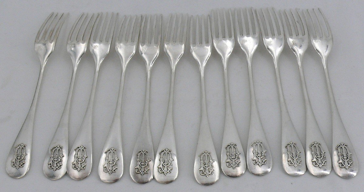 12 Cutlery Sets For Entremets, Dessert, Solid Silver Minerve, Hénin, Monogram In Relief.-photo-2