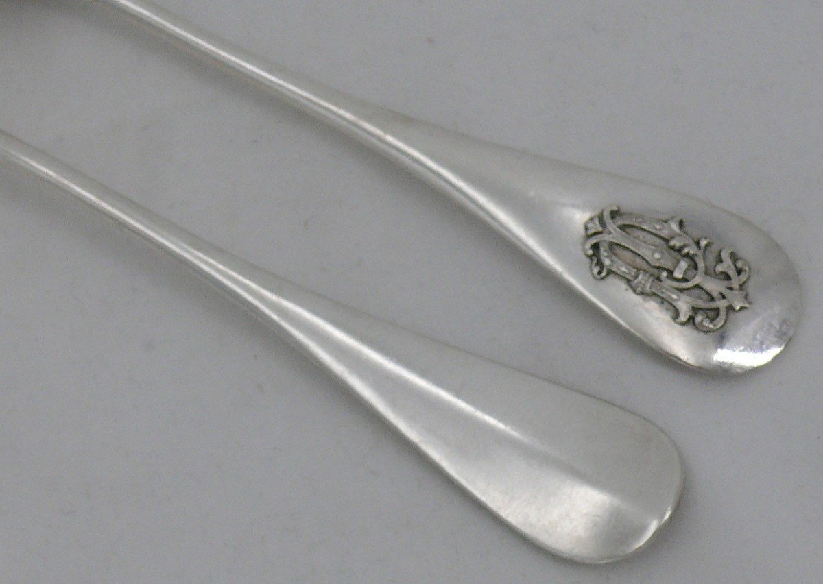 12 Cutlery Sets For Entremets, Dessert, Solid Silver Minerve, Hénin, Monogram In Relief.-photo-3