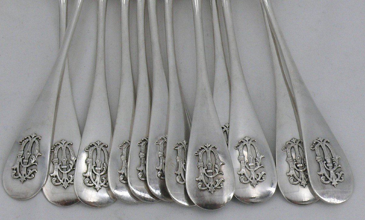 12 Cutlery Sets For Entremets, Dessert, Solid Silver Minerve, Hénin, Monogram In Relief.-photo-4