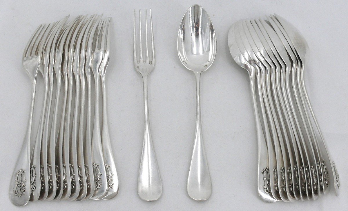 12 Cutlery Sets For Entremets, Dessert, Solid Silver Minerve, Hénin, Monogram In Relief.