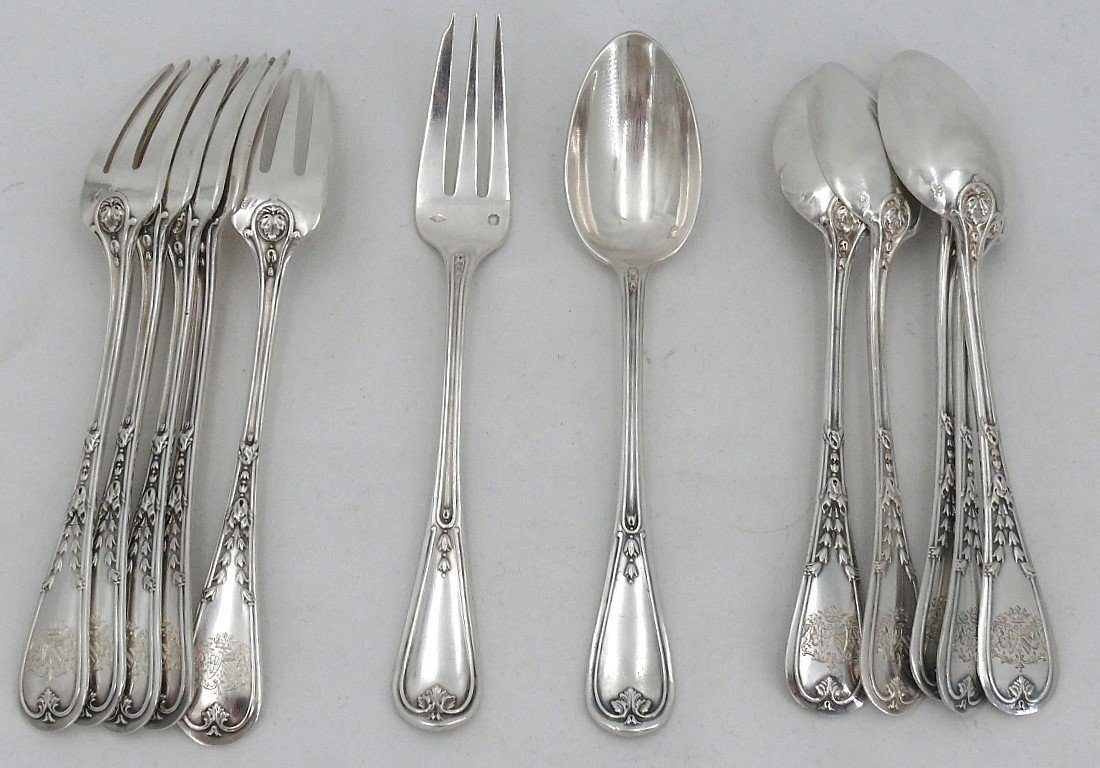 Puiforcat Louis XVI Garland 6 Coffee Spoons + 6 Cake Forks Silver Minerva Coat Of Arms-photo-2