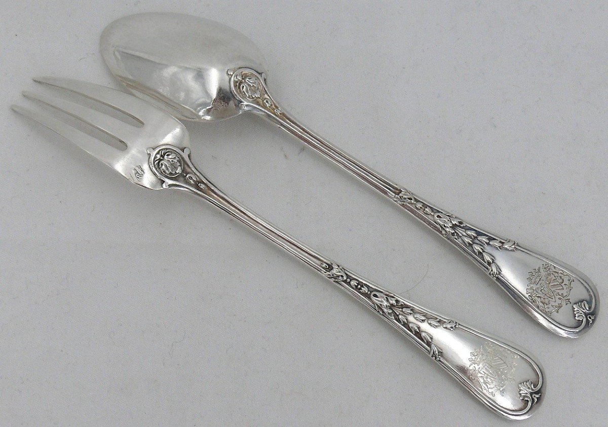 Puiforcat Louis XVI Garland 6 Coffee Spoons + 6 Cake Forks Silver Minerva Coat Of Arms-photo-3