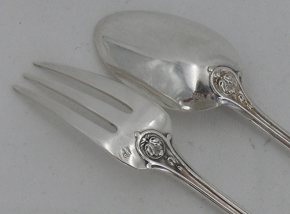 Puiforcat Louis XVI Garland 6 Coffee Spoons + 6 Cake Forks Silver Minerva Coat Of Arms-photo-4