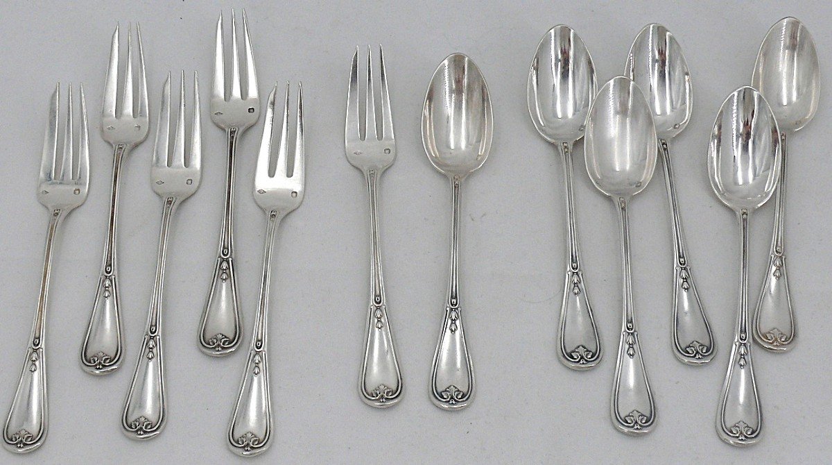 Puiforcat Louis XVI Garland 6 Coffee Spoons + 6 Cake Forks Silver Minerva Coat Of Arms-photo-2