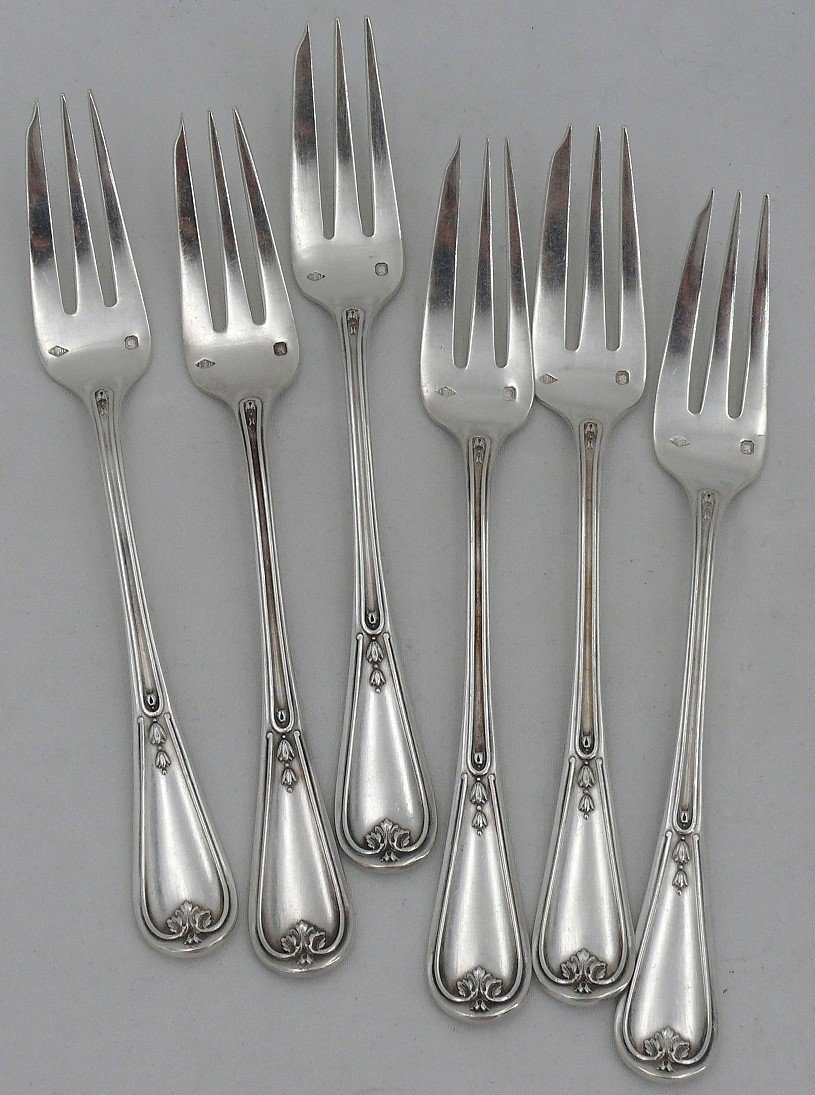 Puiforcat Louis XVI Garland 6 Coffee Spoons + 6 Cake Forks Silver Minerva Coat Of Arms-photo-5