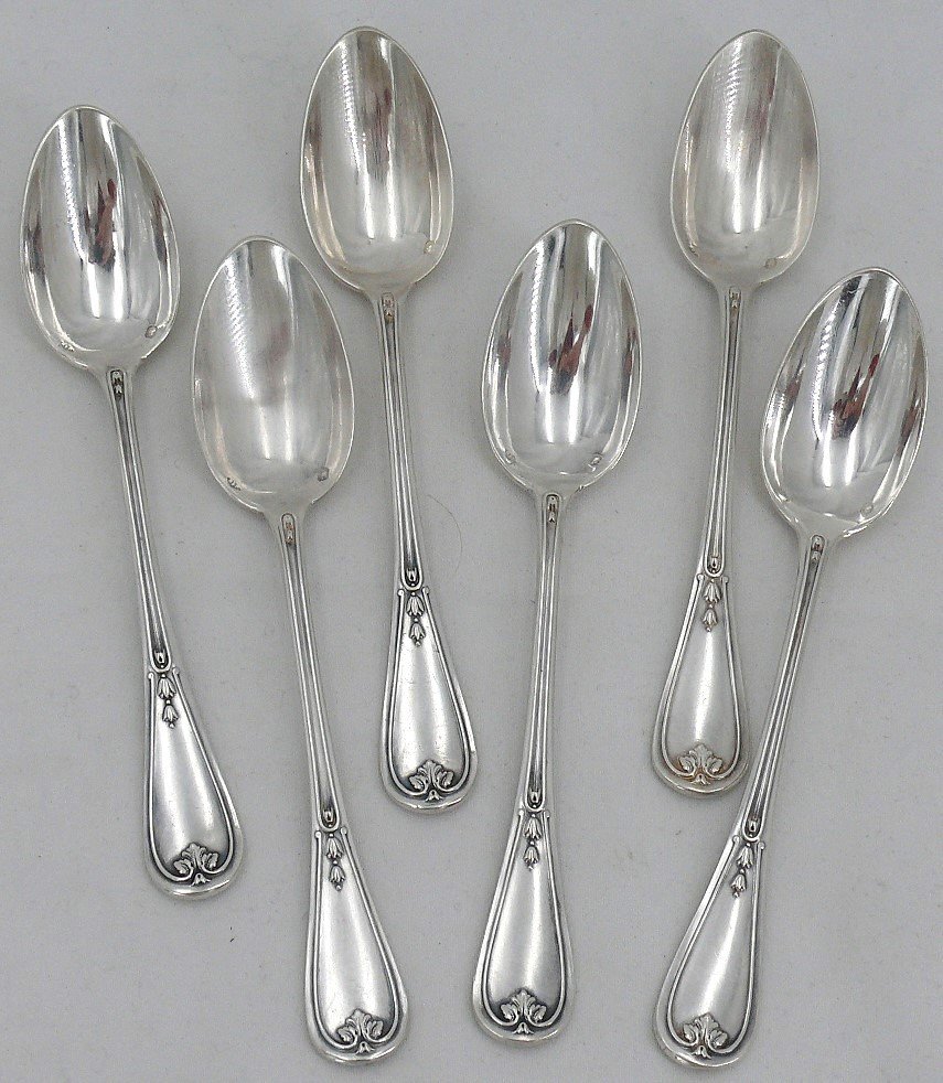 Puiforcat Louis XVI Garland 6 Coffee Spoons + 6 Cake Forks Silver Minerva Coat Of Arms-photo-6