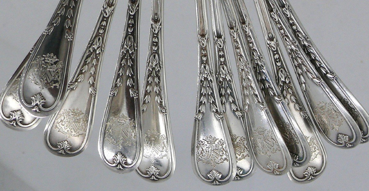 Puiforcat Louis XVI Garland 6 Coffee Spoons + 6 Cake Forks Silver Minerva Coat Of Arms