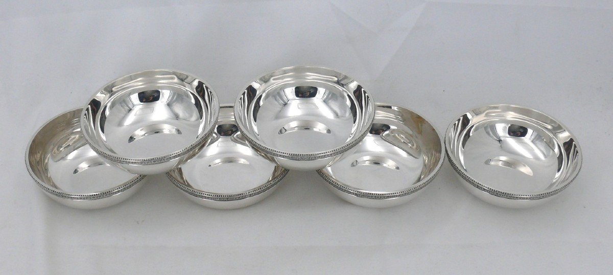 Christofle Malmaison Model, Very Beautiful Set Of 6 Finger Bowls, Silver Metal, Excellent Condition.