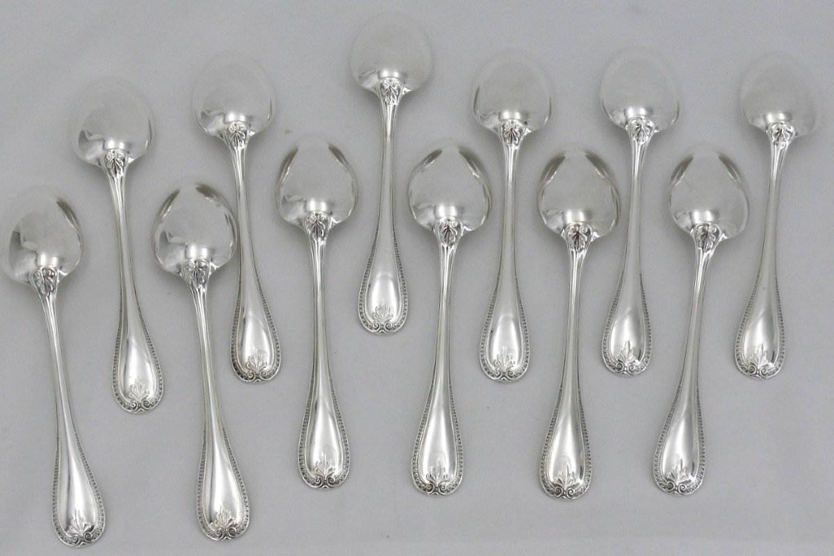 Christofle Malmaison Model, 12 Tea, Coffee, Dessert Spoons, 13.5 Cm, Silver Metal.-photo-4