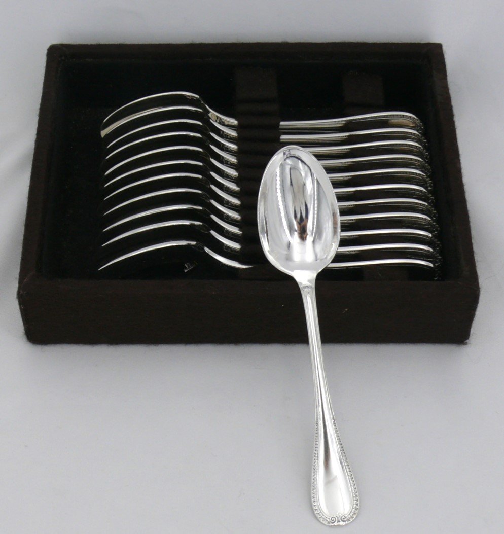 Christofle Malmaison Model, 12 Tea, Coffee, Dessert Spoons, 13.5 Cm, Silver Metal.