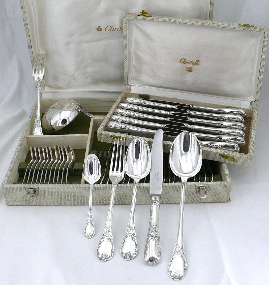 Christofle Modèle Marly, Ménagère Set De 50 Pièces, Couteaux, Métal Argenté, Excellent état.