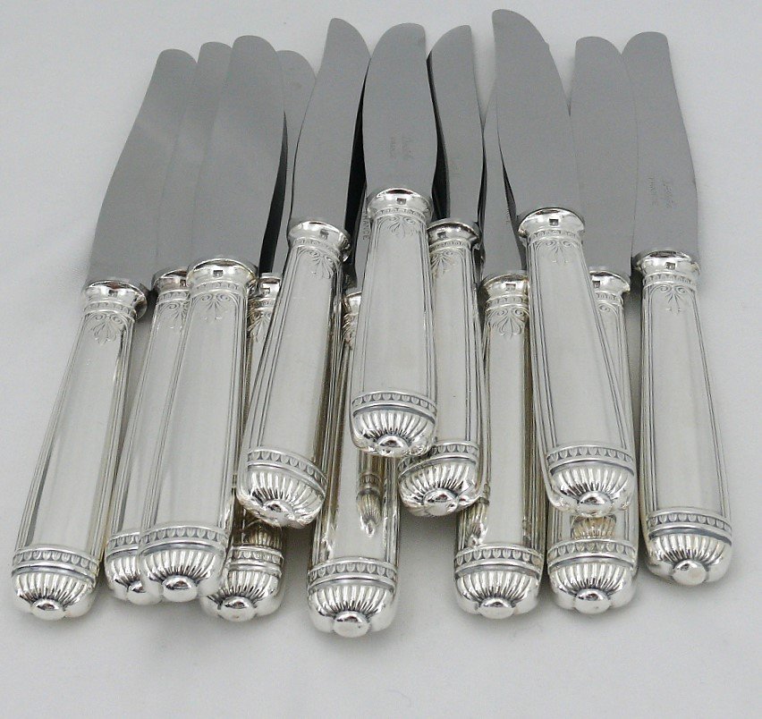 Christofle Malmaison Model, 12 Table Knives, Silver Plated Metal, In Excellent Condition.-photo-2