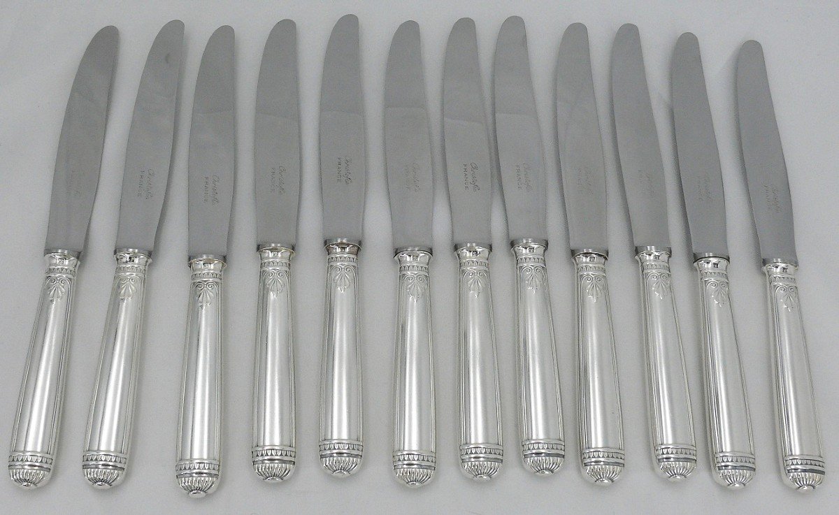 Christofle Malmaison Model, 12 Table Knives, Silver Plated Metal, In Excellent Condition.-photo-3