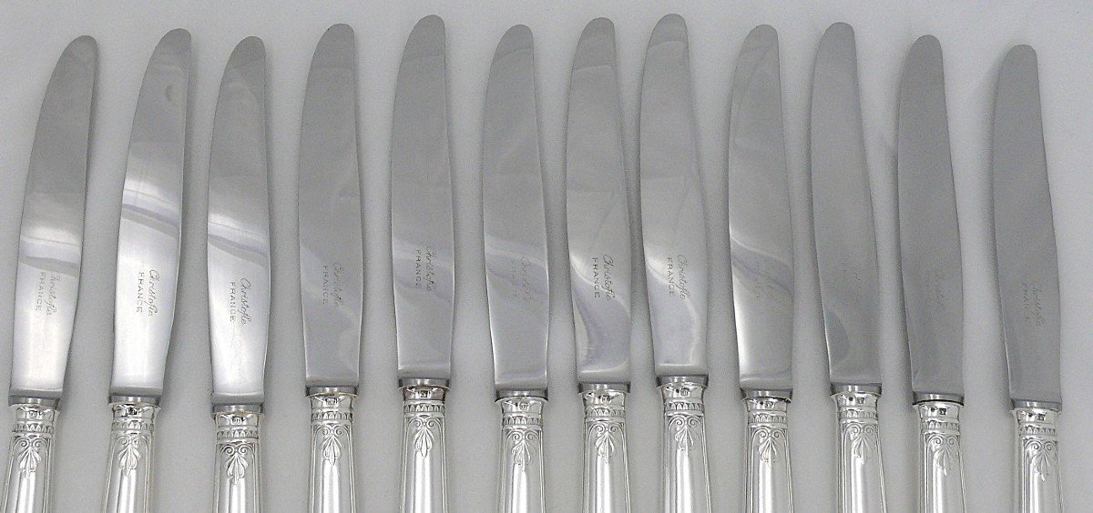 Christofle Malmaison Model, 12 Table Knives, Silver Plated Metal, In Excellent Condition.-photo-1