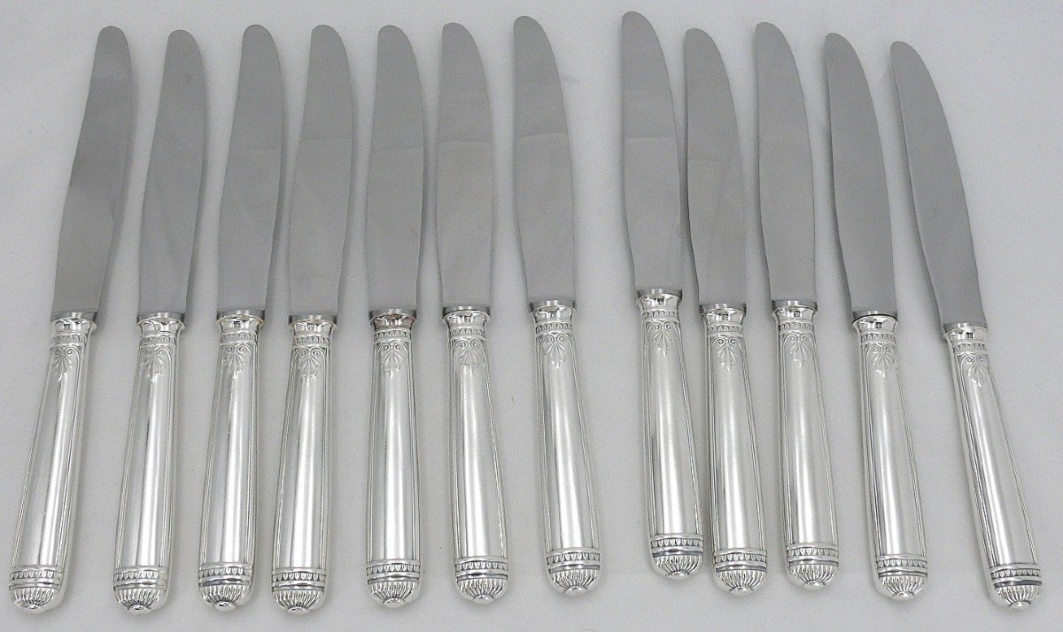 Christofle Malmaison Model, 12 Table Knives, Silver Plated Metal, In Excellent Condition.-photo-5