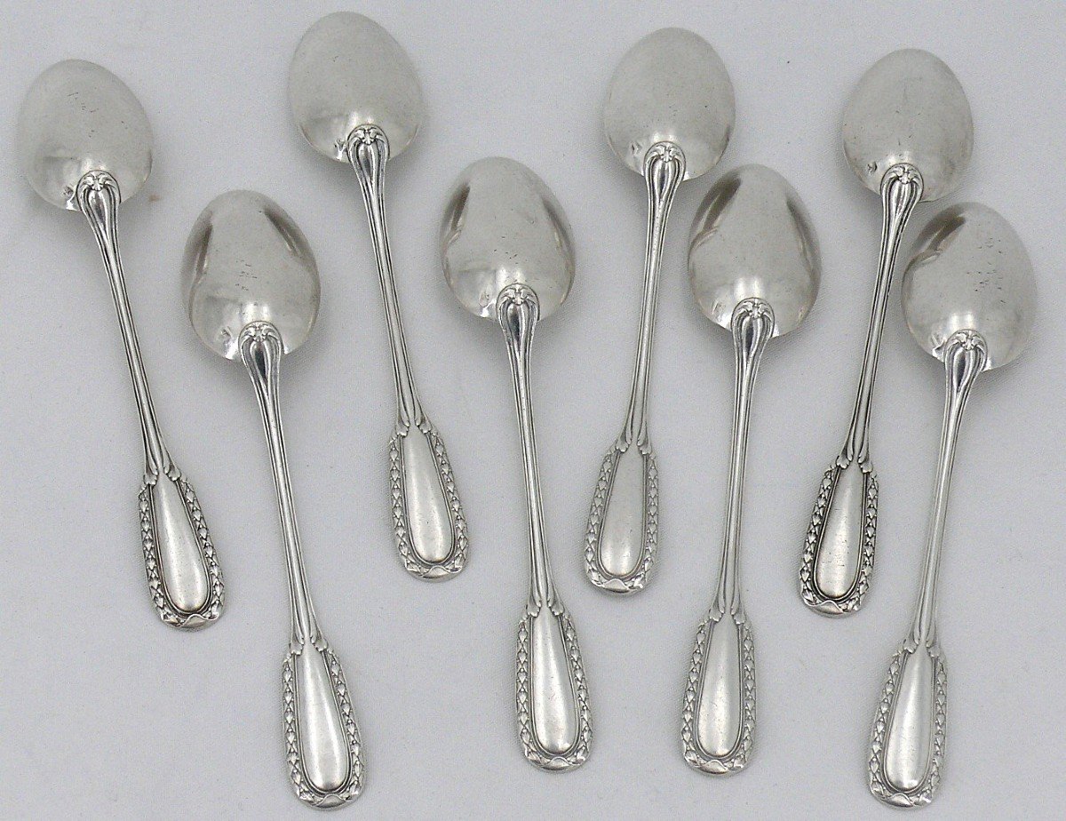 Puiforcat, 8 Coffee Spoons, Moka, Laurel Frieze Model, Solid Silver Minerva.-photo-2