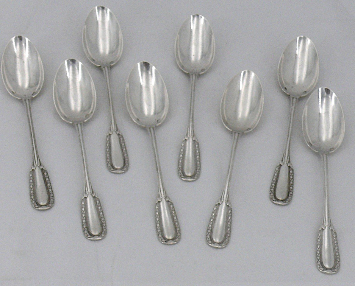 Puiforcat, 8 Coffee Spoons, Moka, Laurel Frieze Model, Solid Silver Minerva.