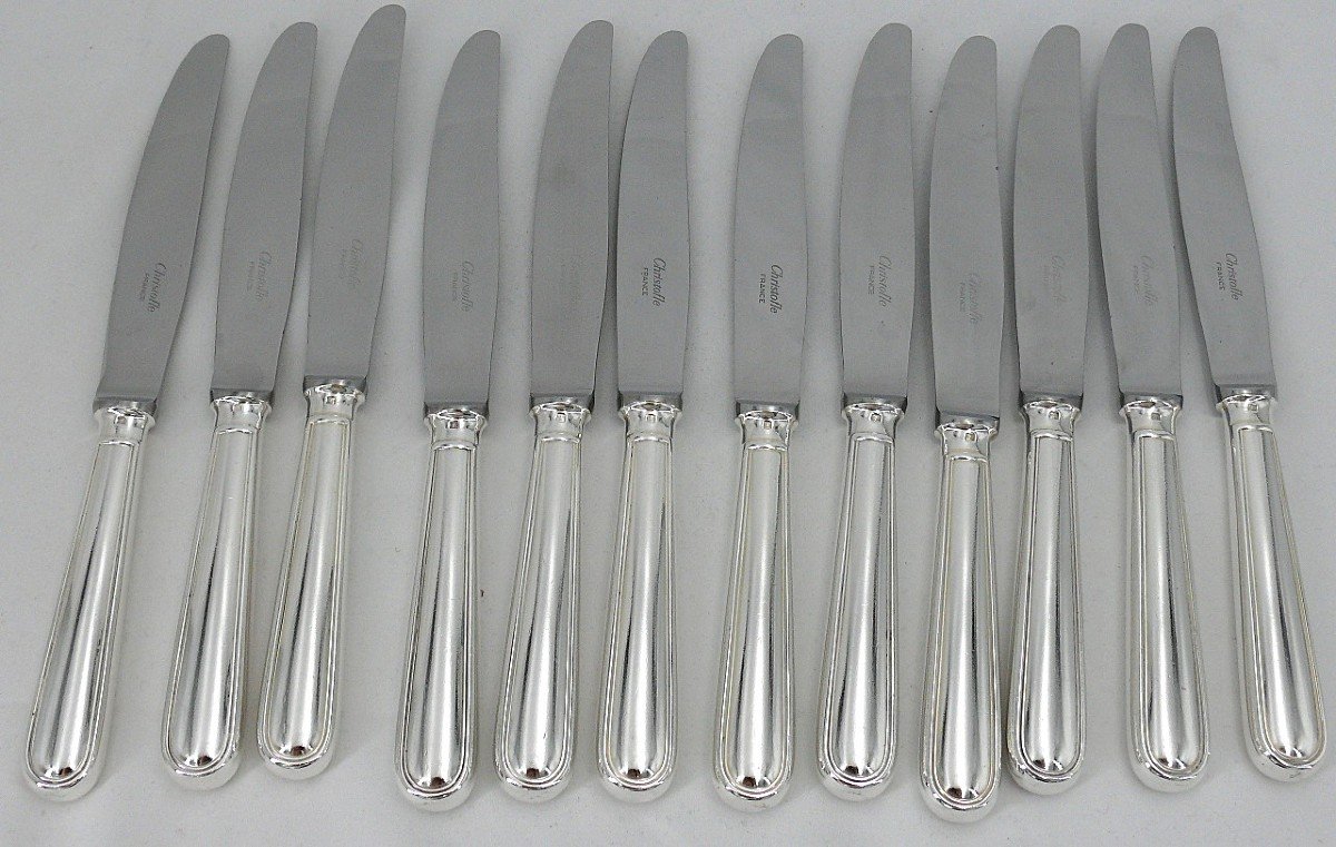 Christofle Albi Model, 12 Table Knives, Silver Metal, In Excellent Condition.-photo-2