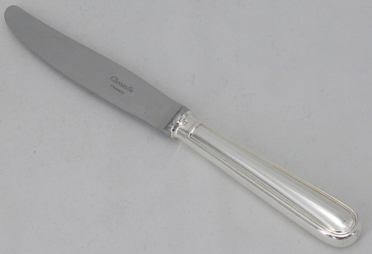 Christofle Albi Model, 12 Table Knives, Silver Metal, In Excellent Condition.-photo-3