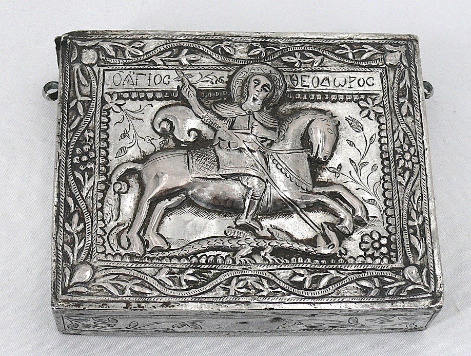 Solid Greek Silver Missal Box, Saint George And The Dragon, Late 19th/early 20th Century.