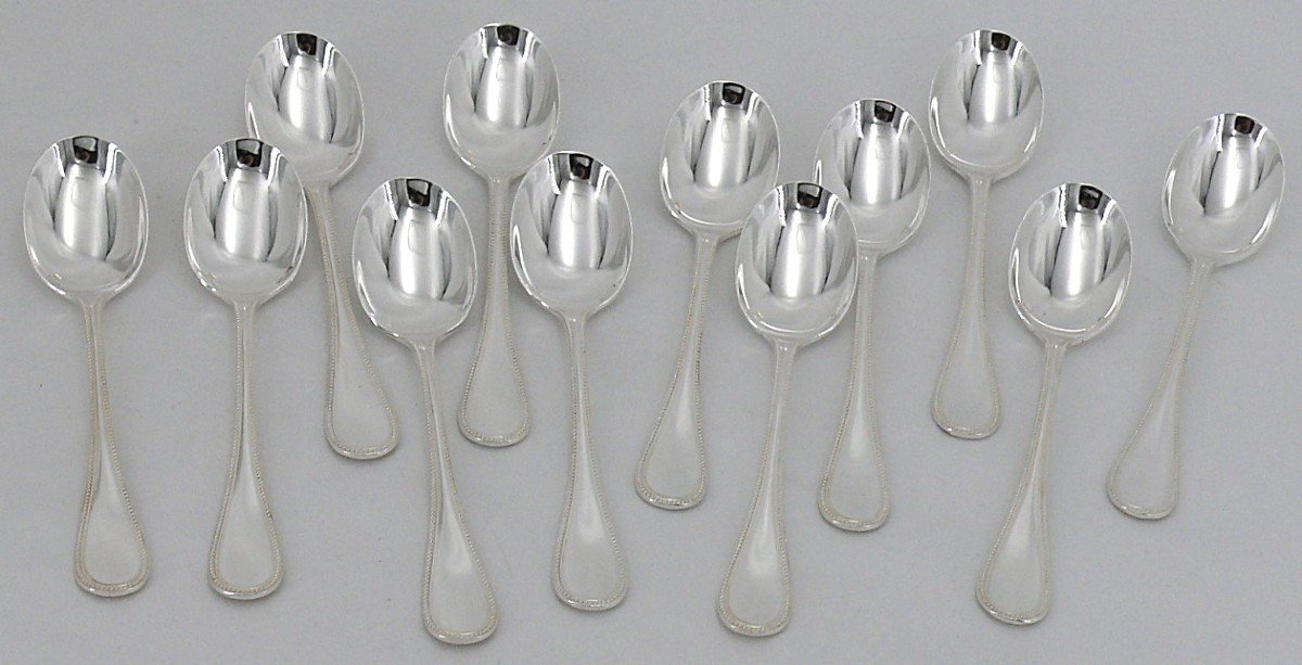 Christofle Perles Model, 12 Spoons, Ice Cream Scoops, Silver Metal In Excellent Condition.-photo-2