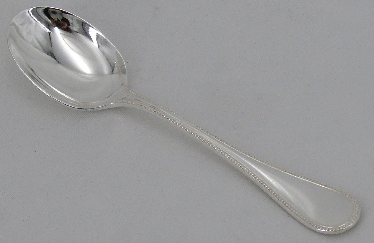 Christofle Perles Model, 12 Spoons, Ice Cream Scoops, Silver Metal In Excellent Condition.-photo-3