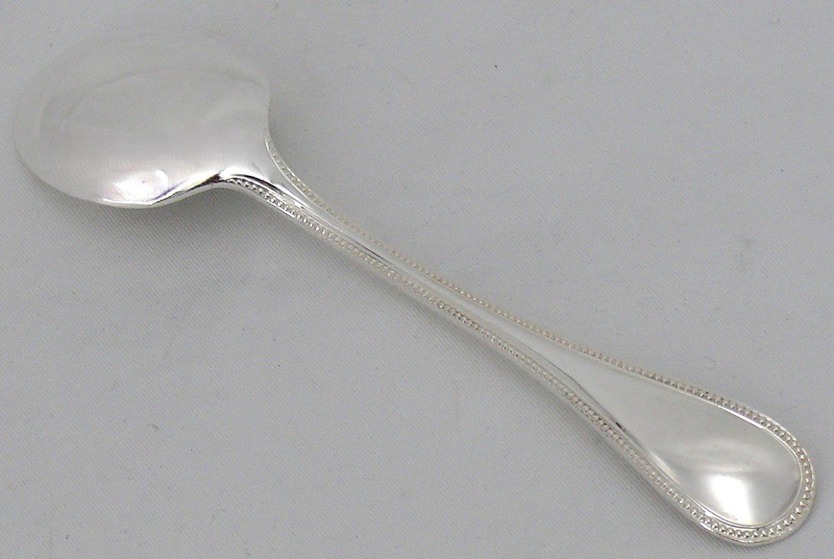 Christofle Perles Model, 12 Spoons, Ice Cream Scoops, Silver Metal In Excellent Condition.-photo-2