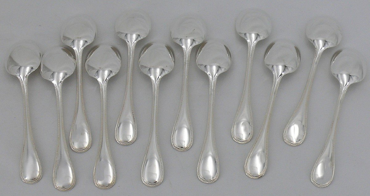 Christofle Perles Model, 12 Spoons, Ice Cream Scoops, Silver Metal In Excellent Condition.-photo-3