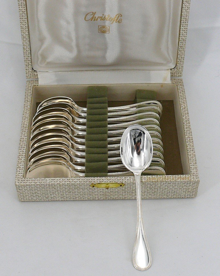 Christofle Perles Model, 12 Spoons, Ice Cream Scoops, Silver Metal In Excellent Condition.