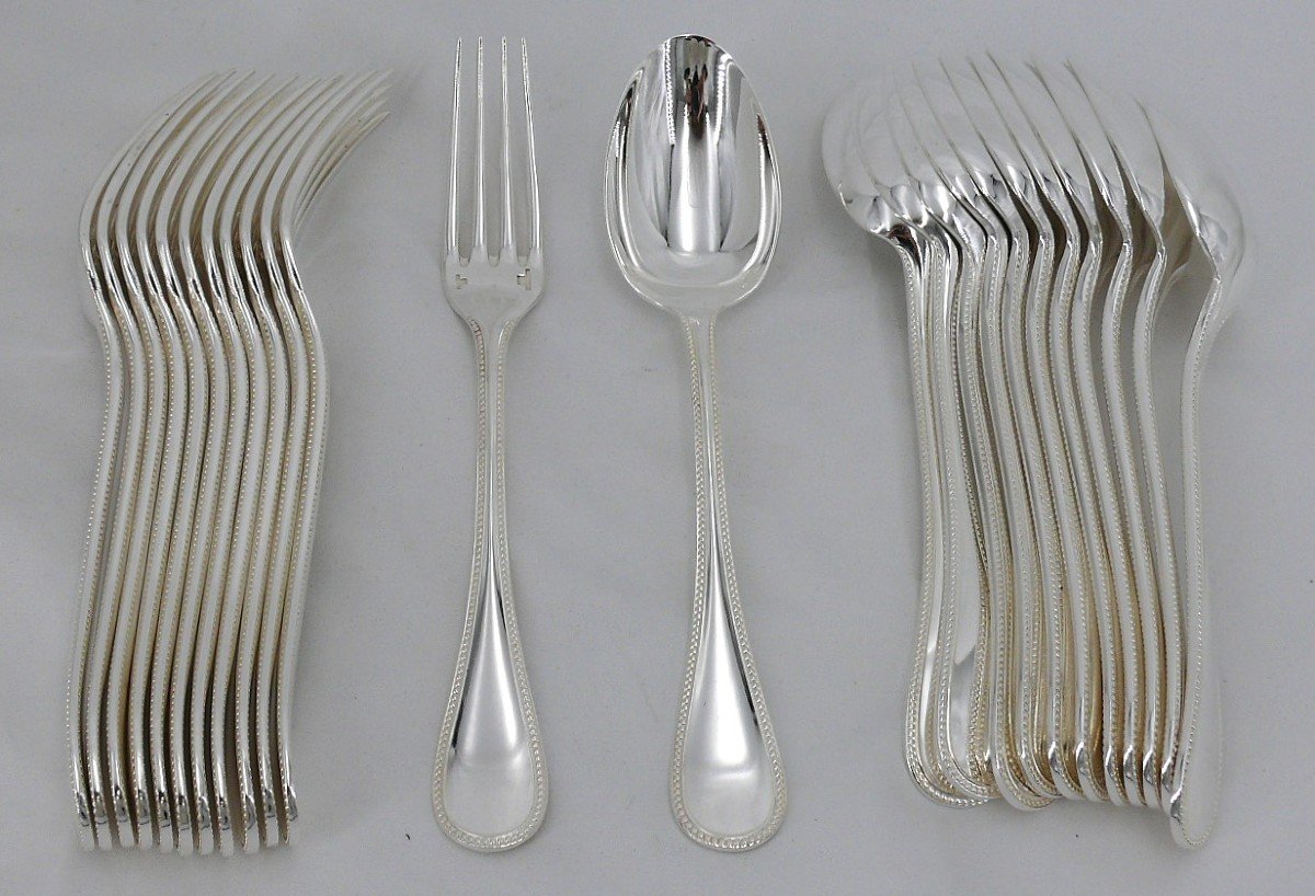 Christofle Perles Model, 12 Table Cutlery, 24 Pieces Silver Metal, Excellent Condition.-photo-2