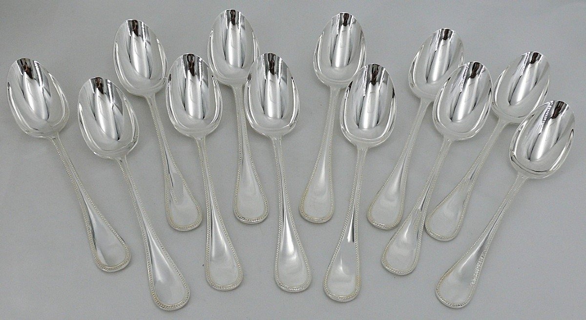 Christofle Perles Model, 12 Table Cutlery, 24 Pieces Silver Metal, Excellent Condition.-photo-2