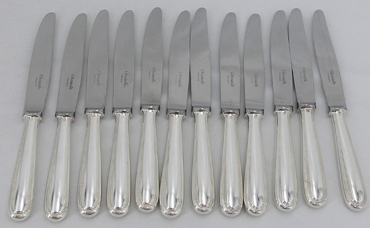 Christofle Perles Model, 12 Dessert, Cheese And Entremet Knives, In Silver Metal.-photo-2